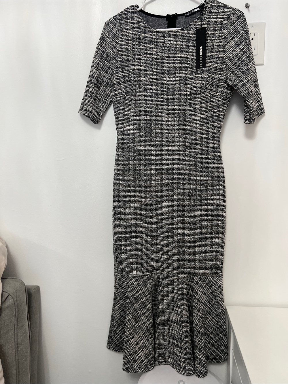 Fashion Nova Black & White Tweed Midi Dress